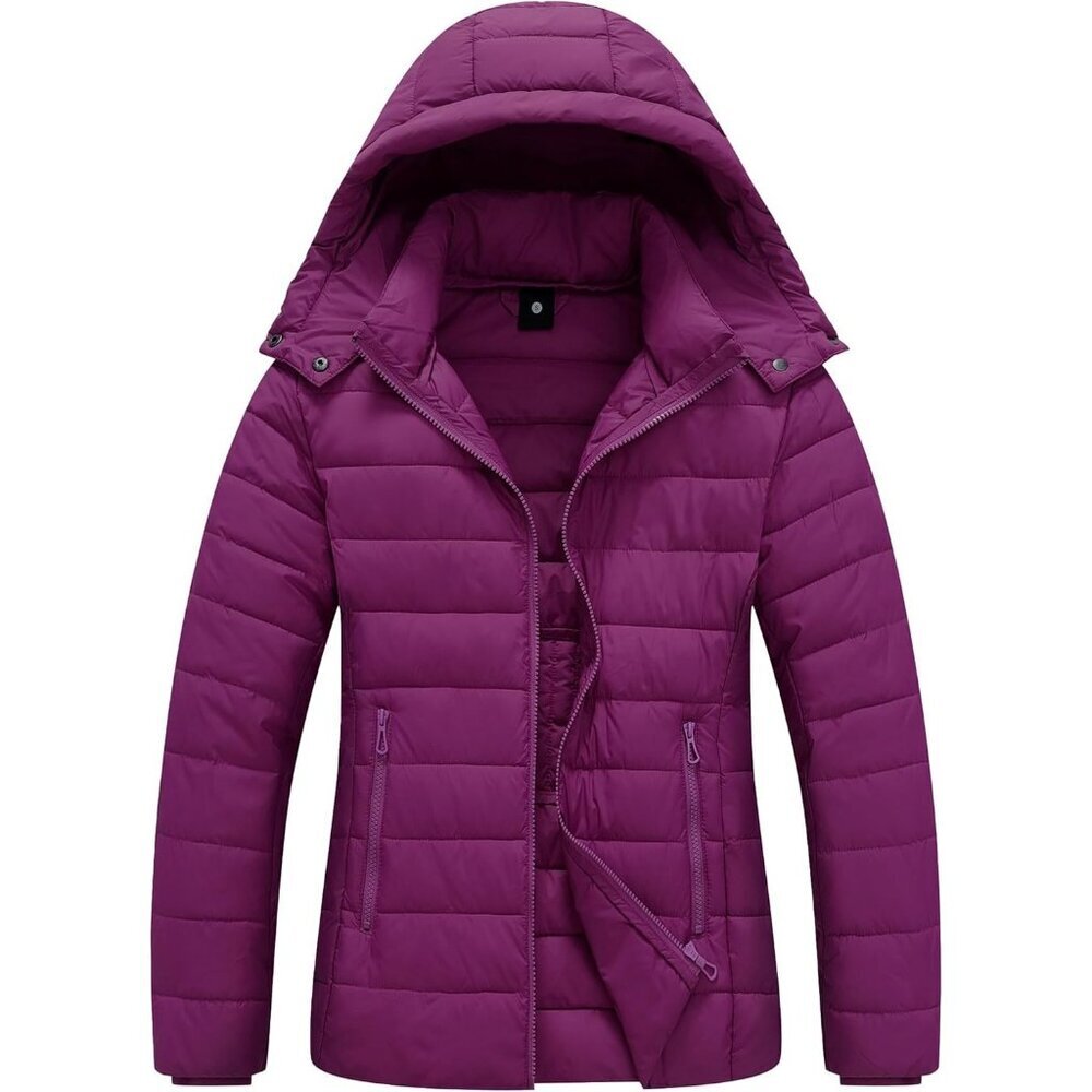 Womens Purple 100% Polyester Lightweight Waterproof Hooded Quilted Puffer Jacket